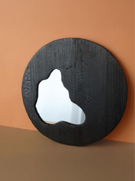 Miroir asymétrique forme organique - Cadre rond bois brûlé - Artisanal