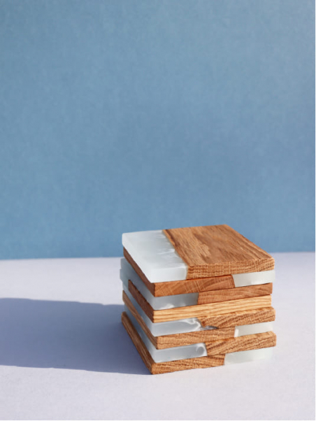 Sous-verres Carrés en Chêne et Résine – Design effet Glace