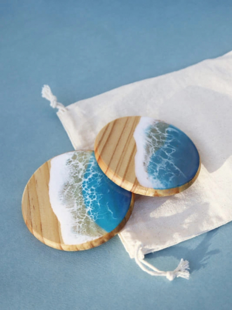 Sous-verres Ronds en Bois et Résine – Design vague Océan