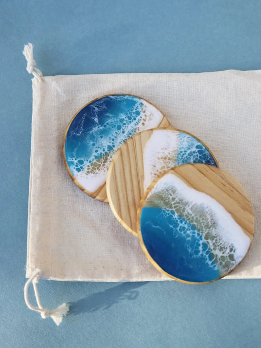 Sous-verres effet Vague Océan – Artisanat Bois & Résine