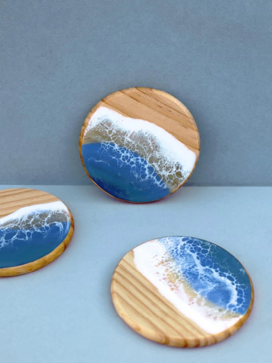 Sous-verres effet Vague Océan – Artisanat Bois & Résine